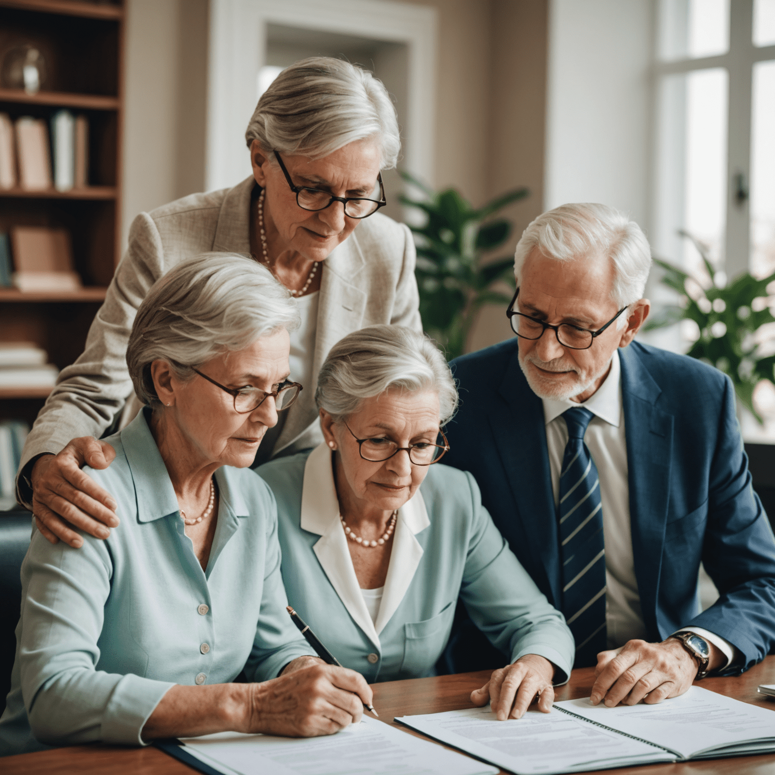 An elderly couple reviewing estate planning documents with a lawyer, symbolizing the importance of proper planning for the future