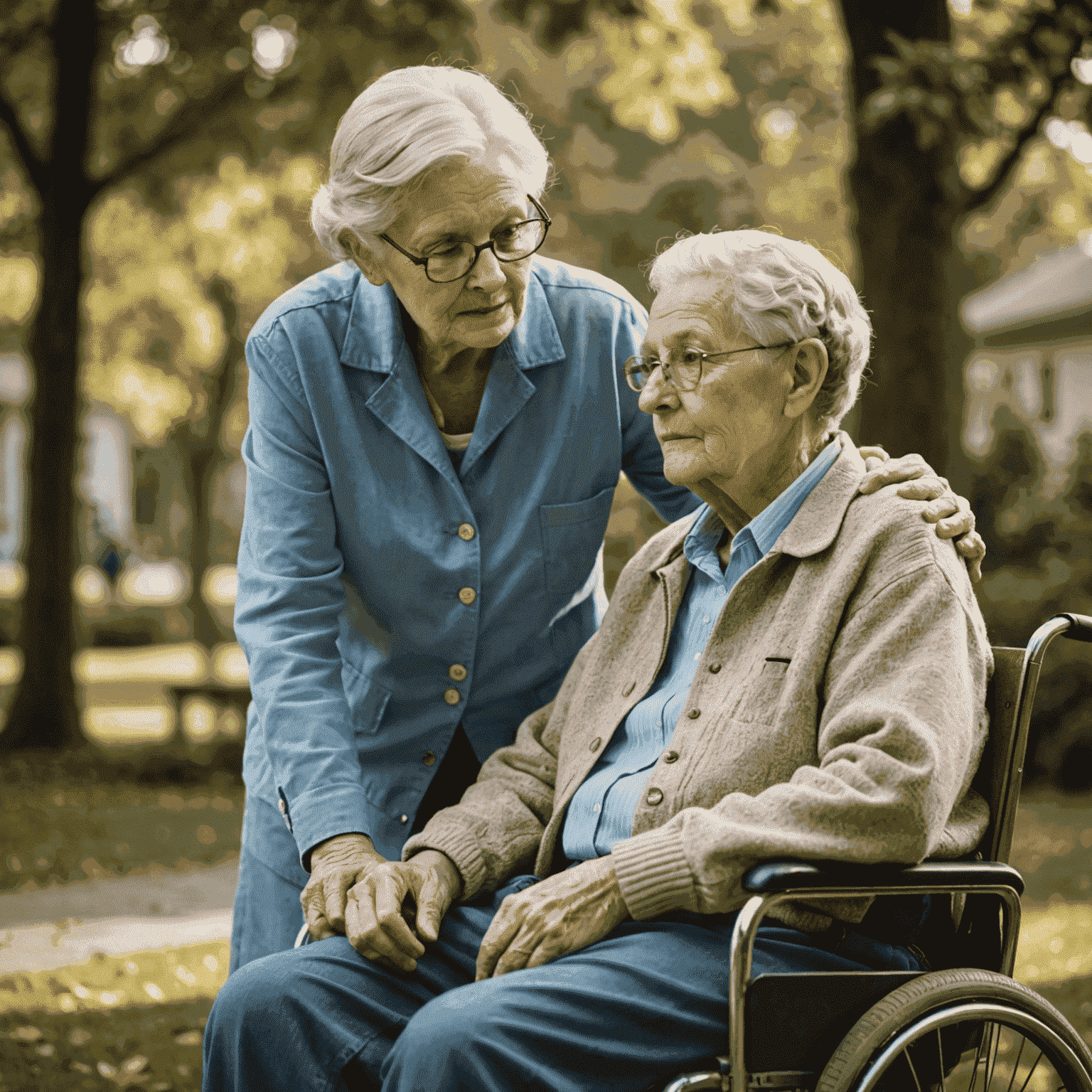 An elderly person sitting with a caring guardian, symbolizing the concept of guardianship for seniors