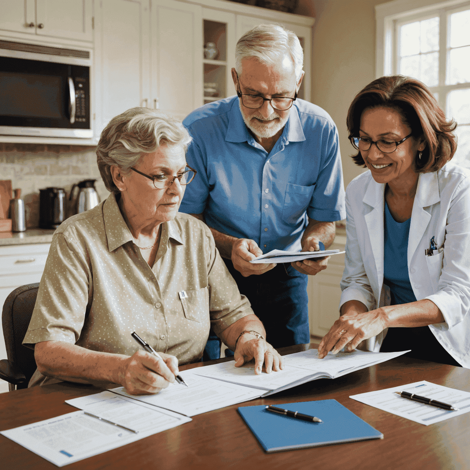 Senior couple reviewing Medicare and Medicaid documents with a healthcare professional