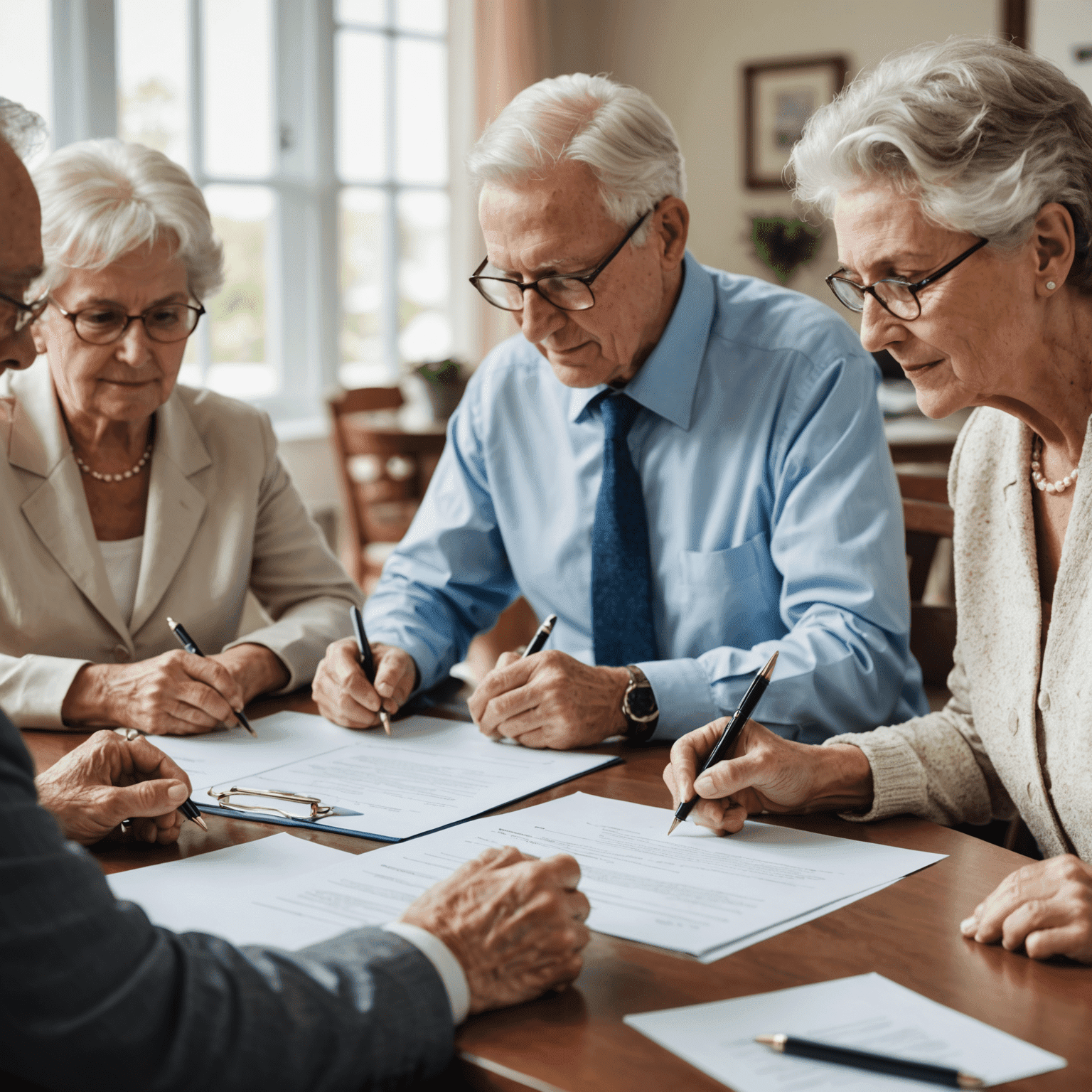 A senior citizen signing estate planning documents with a notary and family members present, illustrating the formal process of finalizing an estate plan