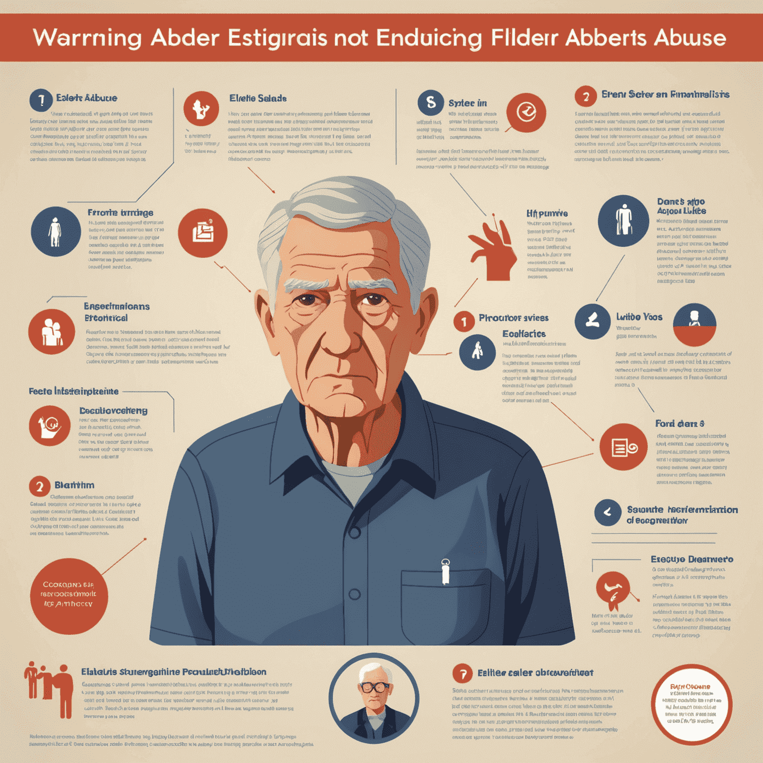 Infographic showing various warning signs of elder abuse, including physical injuries, emotional distress, and financial irregularities